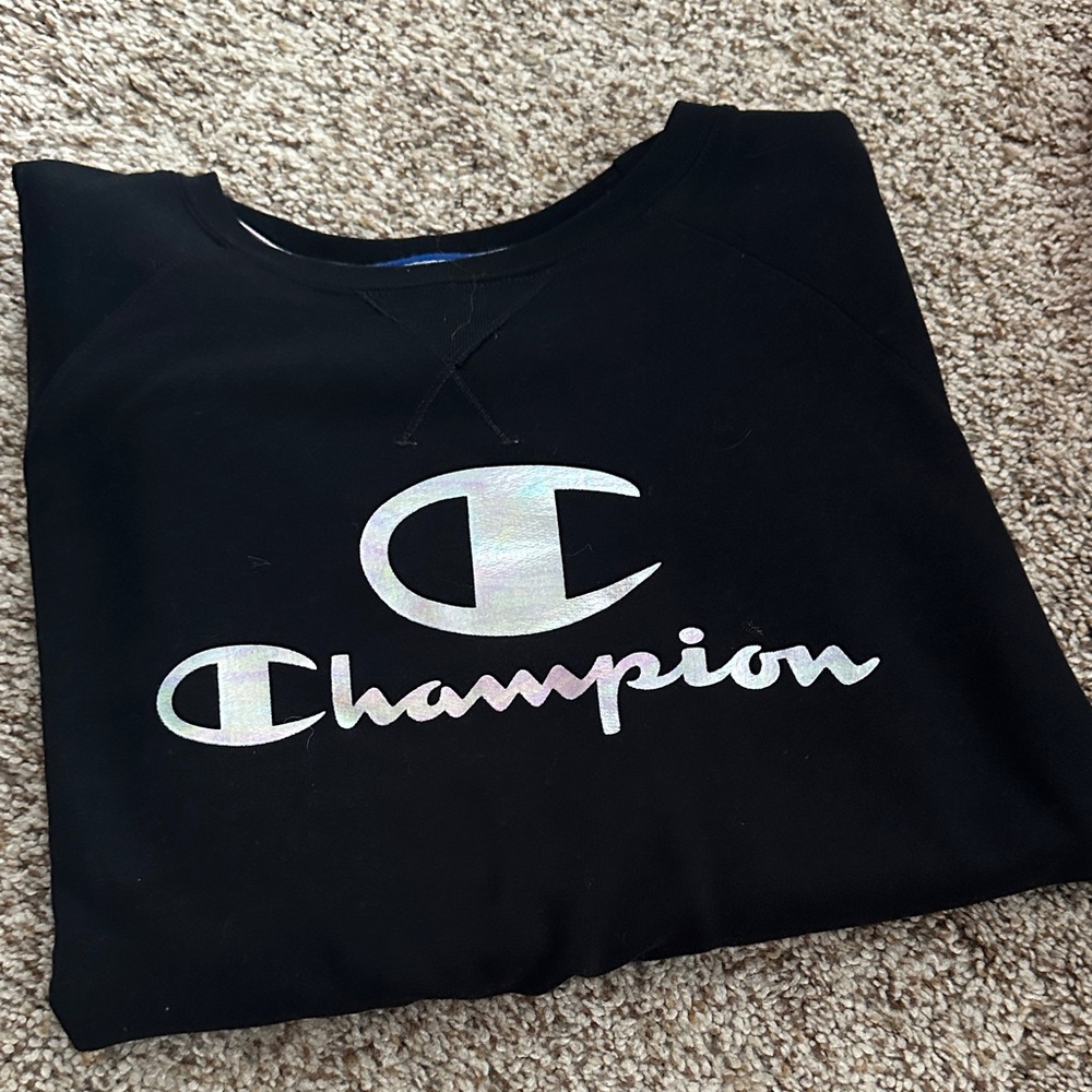 Champion Black Crewneck with Holographic Logo
